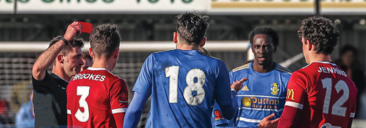 Referee Issac Searle was never far from the centre of the action, brandishing four red cards. Picture by Kevbin Lamb (Lambpix). 