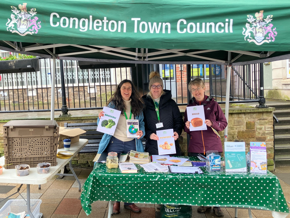 Cllrs Heather Pearce, Kay Wesley and Suzy Firkin promoting Recycling in Congleton Town Centre. Image credit: Congleton Town Centre.