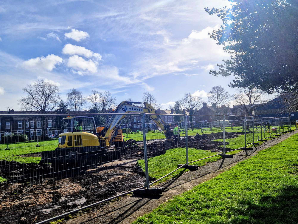 Work on Queen Street Play Area commenced on Tuesday 5 March, with a large digger seen on the field (Ryan Parker).