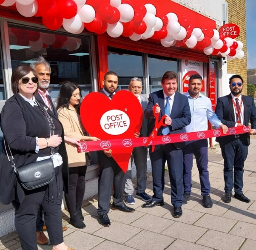 From left: Post Office Area Manager Mo Warren, Post Office Business Support Manager Baldev Kahlon, Postmaster’s wife Ezza Zahoor, Postmaster Mohasin Pathan, his father Amrulla Khan, Stephen Metcalfe MP, Branch Manager Huzaifa Karbhari and Post Office Network Provision Lead Mohammed Islam.