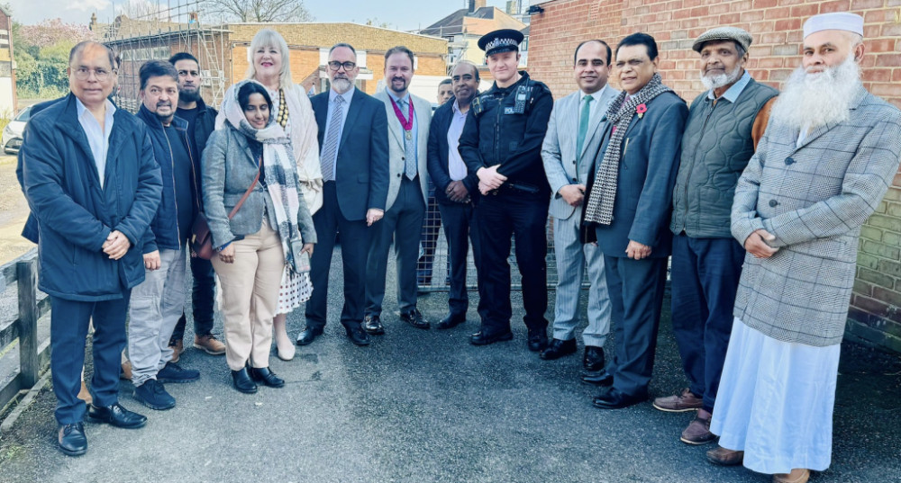 Guests including Mayor Cllr Sue Little, council leader Cllr Andrew Jefferies, Homesteads' Cllr James Halden and event organiser Cllr Qaisar Abbas outside the mosque.