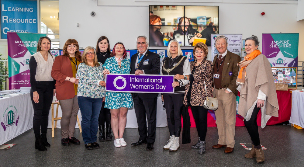 Motherwell Cheshire founder, Kate Blakemore, high sheriff of Cheshire, Dennis Dunn and Cheshire East deputy mayor, Marilyn Houston (centre) with representatives from International Women’s Day sponsors Radius Crewe, Hall Smith Whittingham, Crewe Town Council and Cheshire College, South & West (seen is vice principal, Ruth Szolkowska) (Jan Roberts).