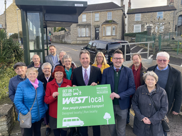 The announcement of the new bus in Paulton, with Liz Hardman (second from front left), Dan Norris (centre), Grant Johnson (fourth from front left) Image: John Wimperis