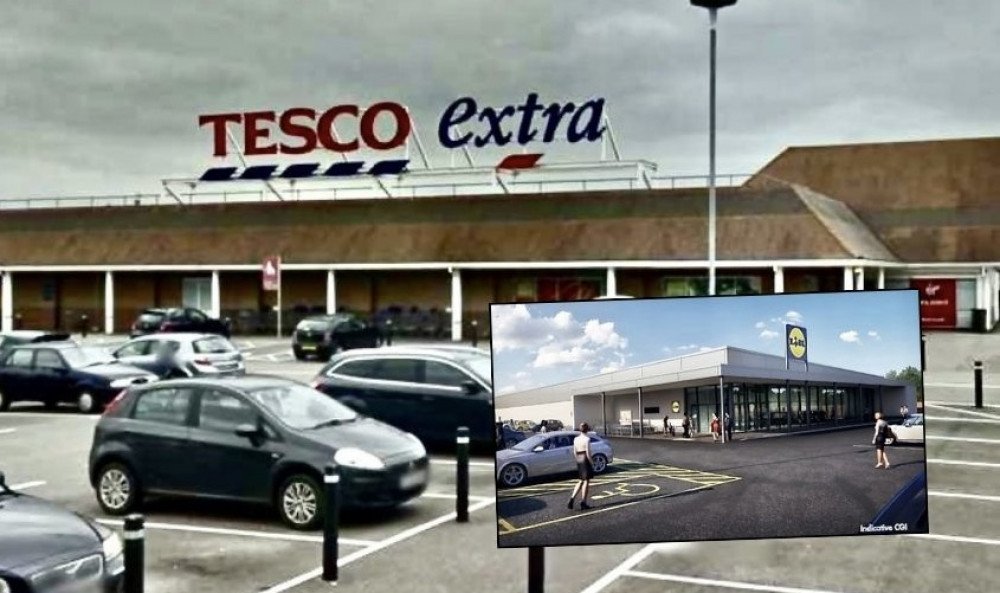 Tesco Extra in Ashby and the planned new Lidl supermarket in Resolution Road (inset). Images: Ashby Nub News/Lidl