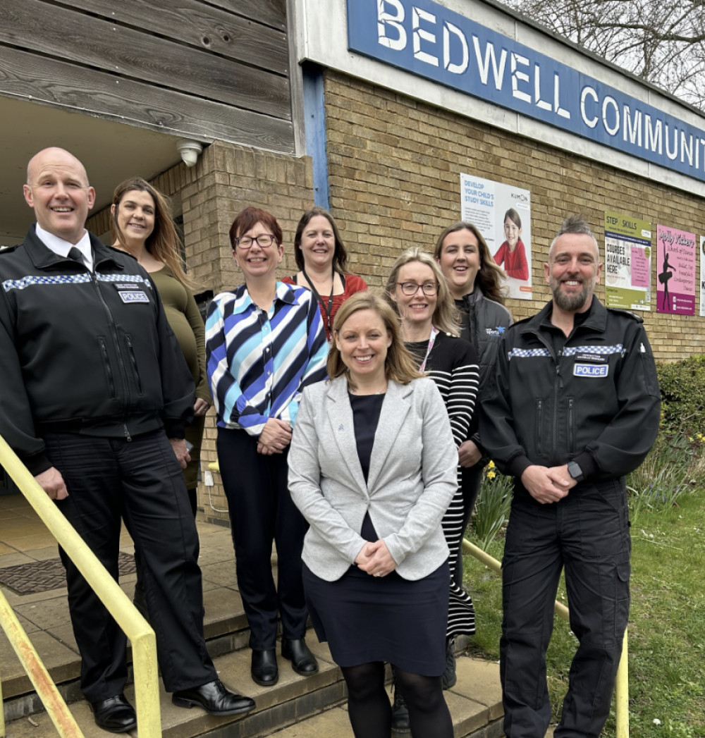 Build a Better Bedwell initiative showcased. Featured left to right, Graeme Walsingham – Chief Inspector for Stevenage Police, DC Gemma Stevens, Elaine Connolly - Chair of Bedwell Community Association, Gemma Maret - Neighbourhood Warden Manager, Aimie Birkenshaw – Deputy Chief Executive OPCC, Jane Konopka – Community Development Manager SBC, Jess Baird - Hertfordshire Sport and Physical Activity Partnership and Neighbourhood Inspector Nick Redfearn.