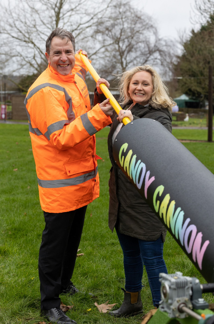 Mayor Dan Norris tested out the UK’s first ever Candy Cannon at the Keynsham-based Avon Valley Adventure and Wildlife Park, image WECA