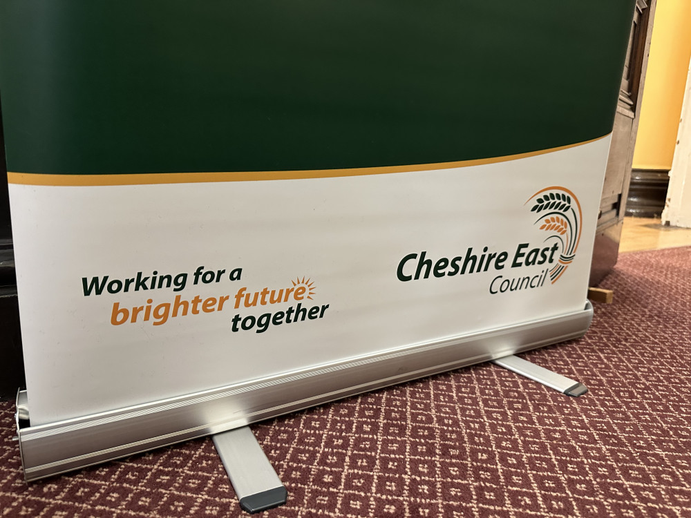 A Cheshire East Council banner inside Macclesfield Town Hall, placed at the entrance of a recent Council meeting. (Image - Macclesfield Nub News) 