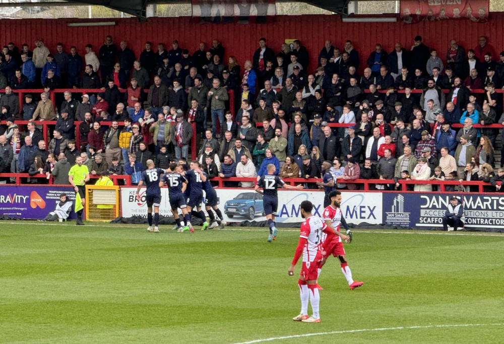 Max Sanders celebrates Leyton Orient's winning goal to beat Stevenage 1-0 at the Lamex on Saturday afternoon. CREDIT: @laythy29 