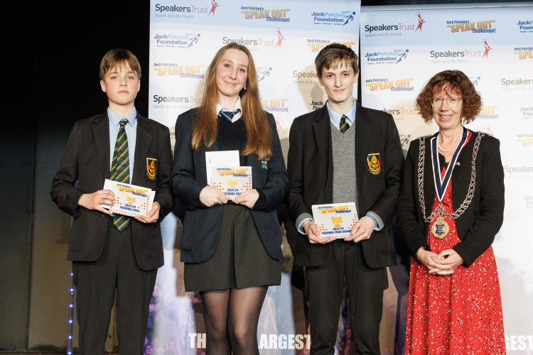 Left to right: 3rd place Michal Kepa; 2nd place Lana Puskar; Regional Champion Elijah Gilbert; and Kingston Mayor Cllr Diane White (Photo: Stephen Pover)