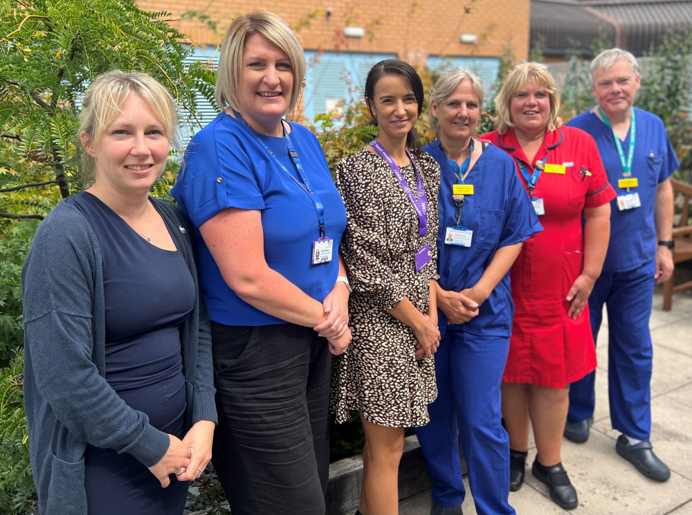 Pictured (left to right): Rosie Edgerley – cancer programme manager, Tracey McEwan – gynae oncology pathway navigator, Miriam Spicer – cancer improvement manager, Heather  Fryer – colposcopy sister, Teresa Coombes - matron for gynaecology, gynae-oncology and early pregnancy assessment clinic, Mr David Milliken - consultant gynaecological oncologist, Somerset NHS Trust