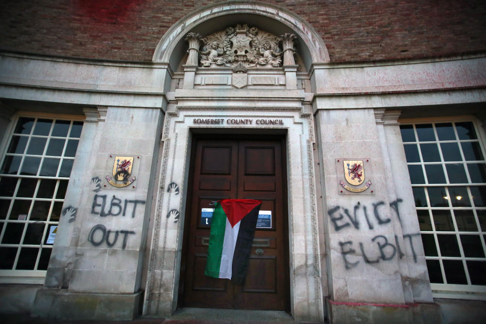 Graffiti on County Hall in Taunton, image Palestine Action