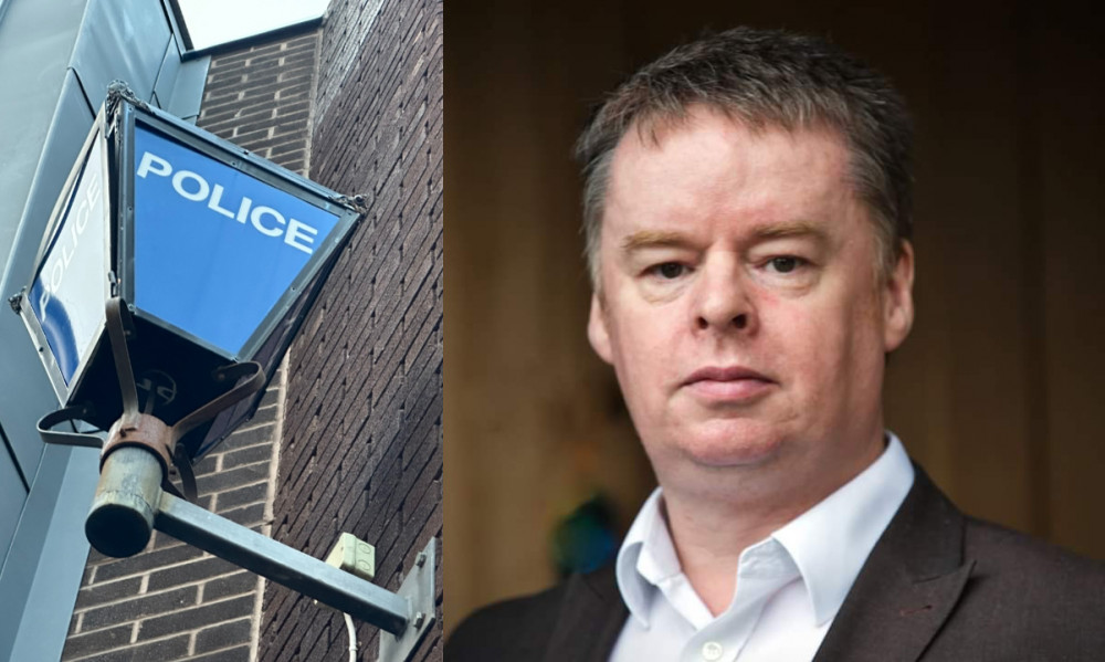 A lantern outside Macclesfield Police Station and Paul Duffy. 