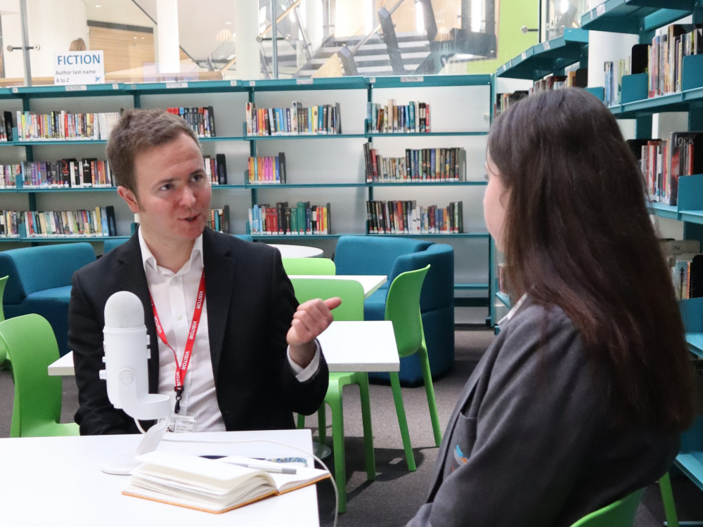 Jack Lewis being interviewed at Teddington School (Photo: Alex Parker)