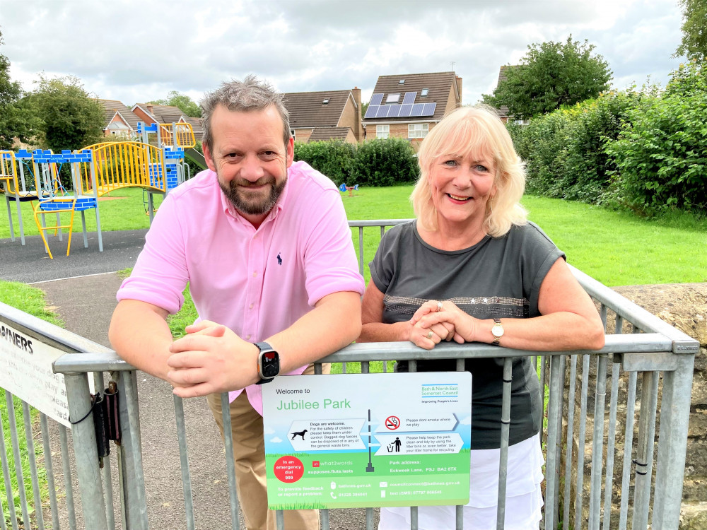 Prospective Independent MP for Frome and East Somerset, Cllr Gavin Heathcote (left) with Cllr Karen Walker (right) at the Jubilee Play Park in Peasedown St John. Gavin wants to see parks like these given greater protection in UK law. 