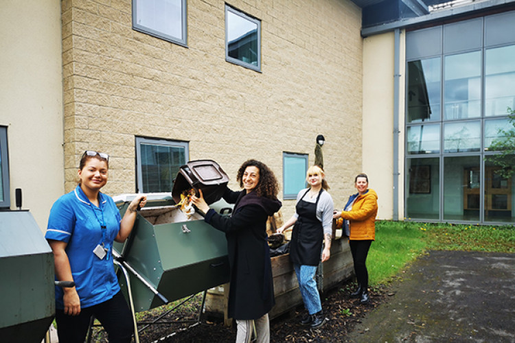 Staff from Frome Medical Practice, the RUH and the In Touch CIC Cafe, who are all based at Frome Medical Centre and use the compost creation station, image Frome Medical Practice