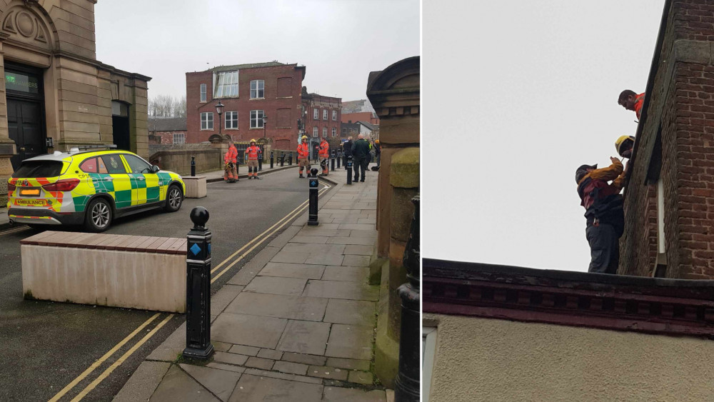 Crews from Greater Manchester Fire and Rescue Service were called to reports of a man on a roof in Stockport town centre around 6.25am on Thursday 21 March (Images - Bern Street)