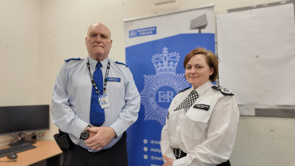 Ealing PSCO Arthur Gray (left) standing next to Assistant Commissioner Louisa Rolfe (credit: Met Police).