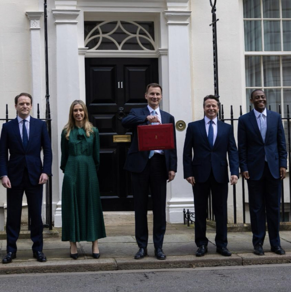 Hitchin MP Bim Afolami reflects on this month's budget in his latest Nub News column. PICTURE: From the left Laura Trott MP, Chancellor Jeremy Hunt, Nigel Huddleston MP, Bim Afolami MP. CREDIT: Simon Walker / No 10 Downing Street.