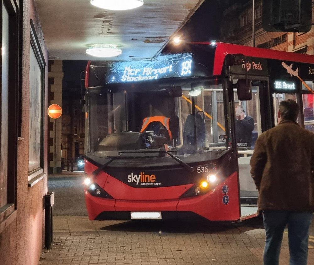 The 199 bus collided with the overhang above Stockport Garrick Theatre late in the evening on Thursday 21 March (Image - Garrick staff)