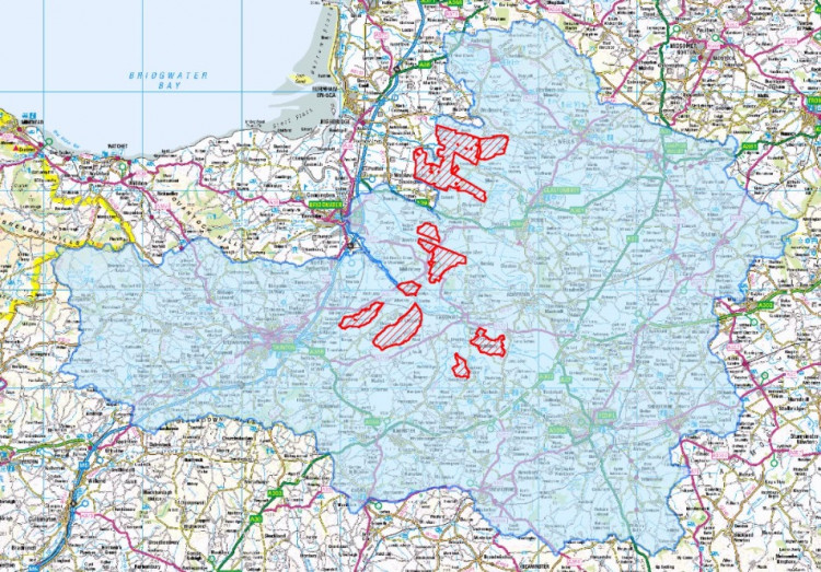 The Somerset Levels and Moors Ramsar site (Red) and The affected catchment areas in Somerset (Blue). Credit: Somerset West And Taunton Council.