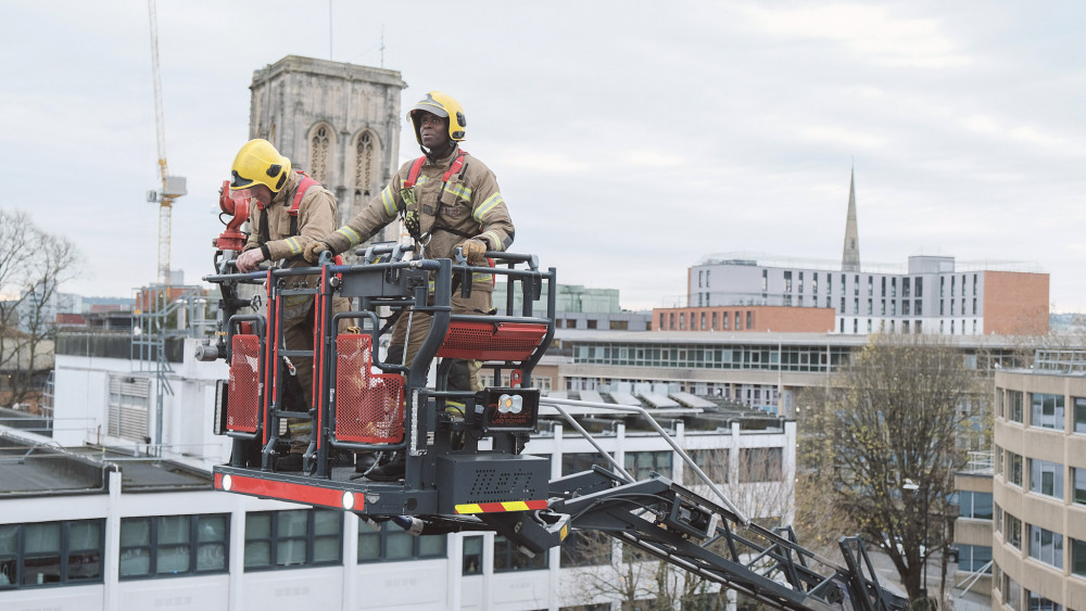 Stock image of Avon firefighters on an aerial ladder platform (Image: Avon Fire & Rescue Service,