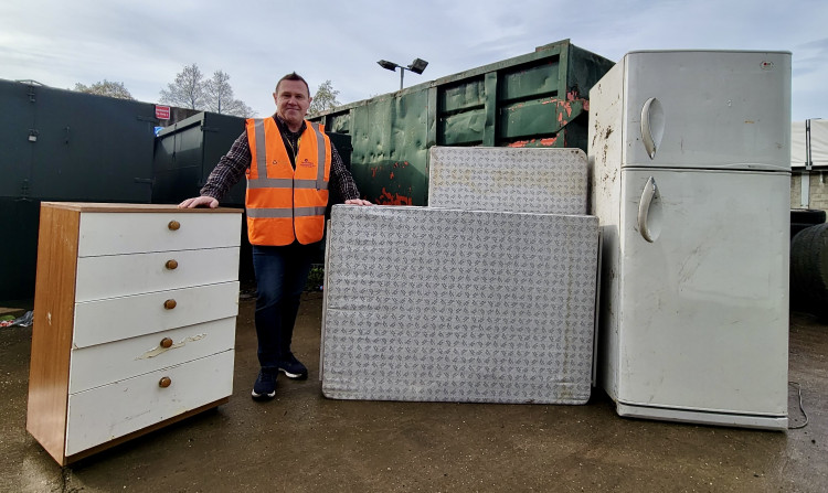 Councillor Michael Wyatt, NWLDC Portfolio Holder for Community and Climate Change, with some of the items that can be collected in a bulky waste collection. Photo: North West Leicestershire District Council