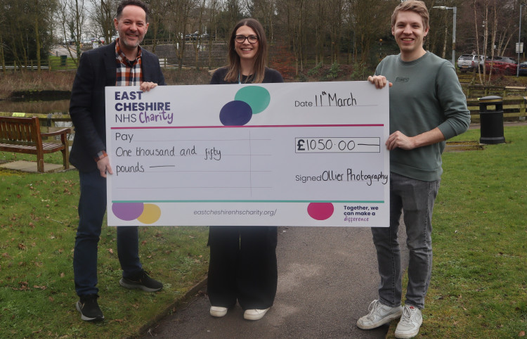 Joe and Matt Ollier from Ollier Photography with Lily Preston, Fundraising Manager at East Cheshire NHS Charity, in the gardens of Macclesfield Hospital. (Image - Macclesfield Nub News)