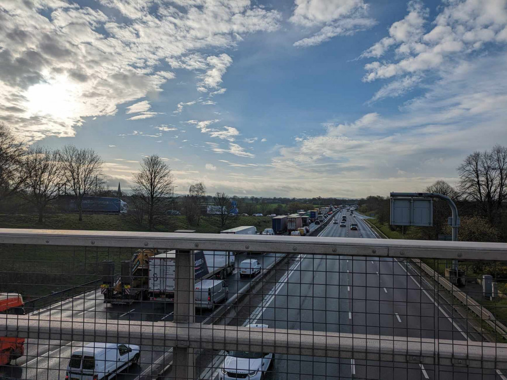 Traffic was brought to a standstill southbound on the M6 today after a lorry collided with a bridge near Sandbach. (Photo: Nub News)