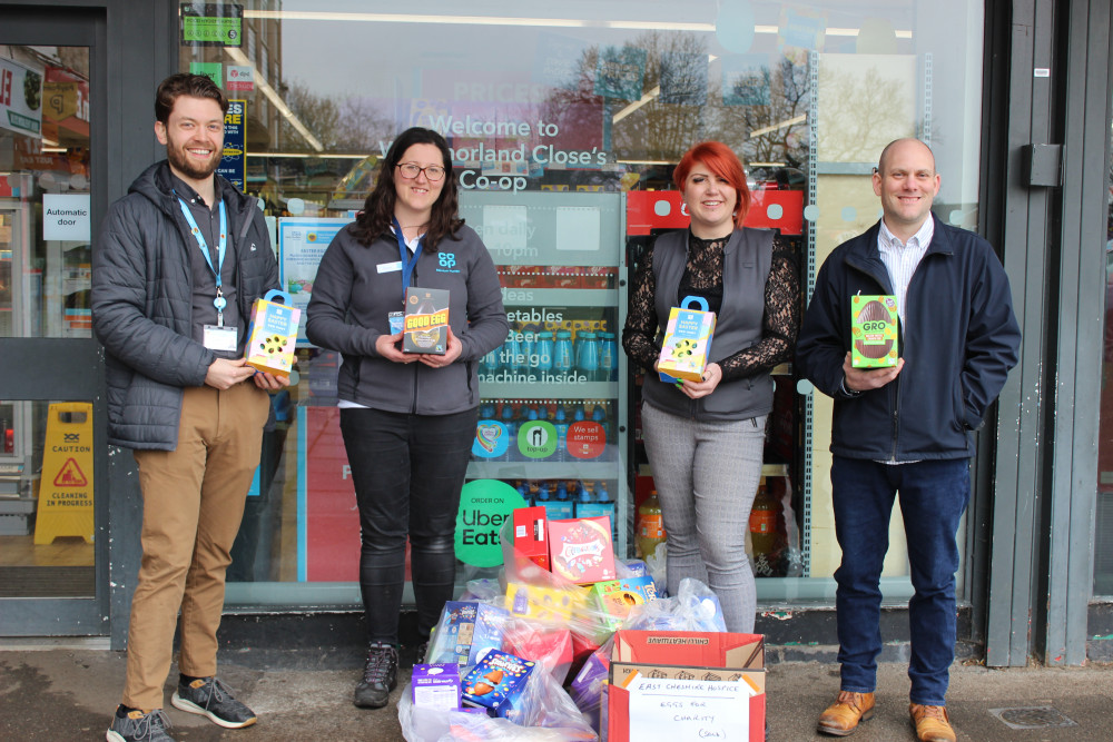 Some of the egg haul outside Westmorland Close Co-op store. Left to right: Luke Oldham of East Cheshire Hospice and Louise Little Co-op Member Pioneer for Macclesfield, Leanne Spencer Co-op Westmorland Close Manager, and David Dundas, London Road Co-op Store Manager. (Image - Macclesfield Nub News)