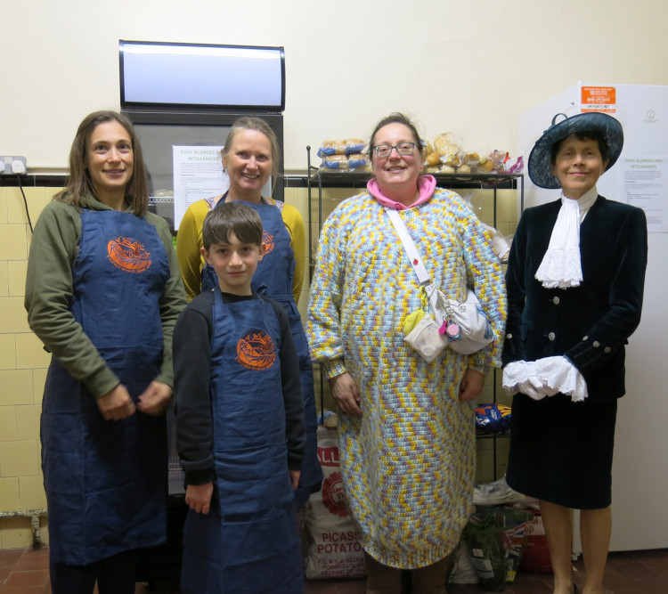 Geraldine Feehally, Rutland's High Sheriff, with volunteers at the new Victoria Hall Community Fridge. Image credit: Root-and-Branch-Out CIC.