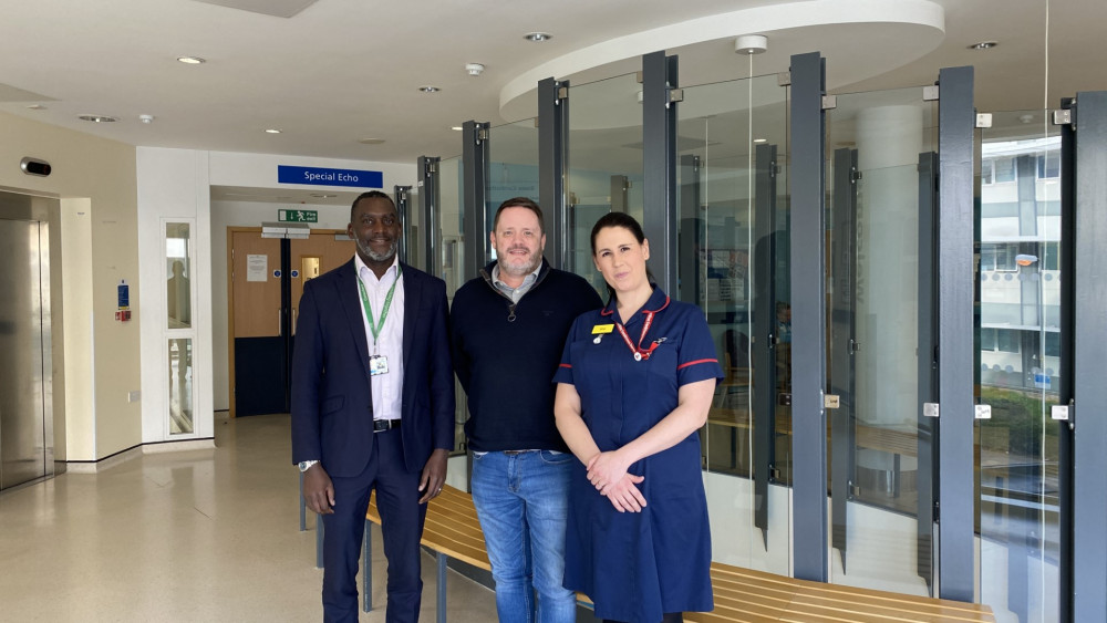 Dr Jason Dungu, first patient Nick King and inherited cardiac conditions nurse Amy Hardy-Wallace.