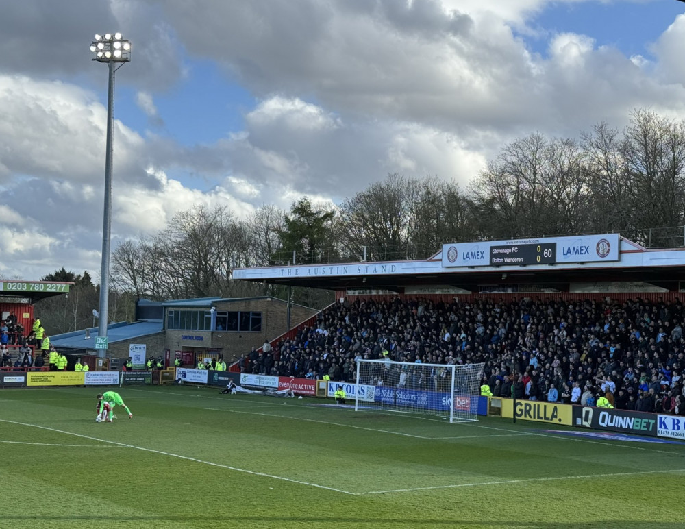 Bolton Wanderers visit to Stevenage drew a crowd of 6,282 on Good Friday. PICTURED: Bolton fans massed in the away end at the Lamex. CREDIT: @laythy29 
