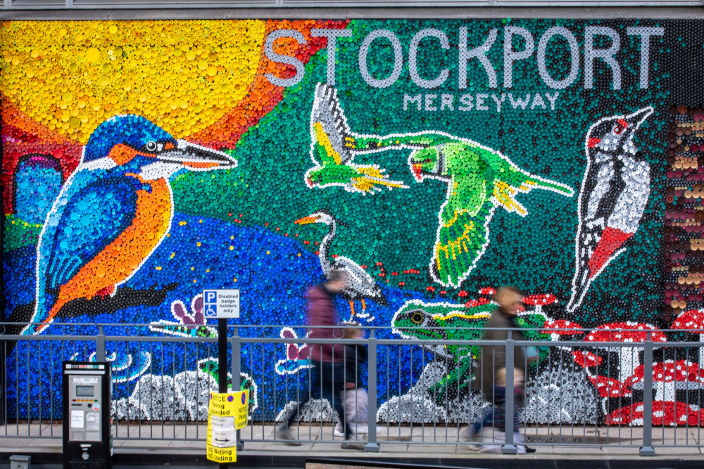 The project represents the largest recycled bottle cap mural in the UK - it features more than 80,000 caps, and 891 kilograms of plastic (Image - Merseyway)
