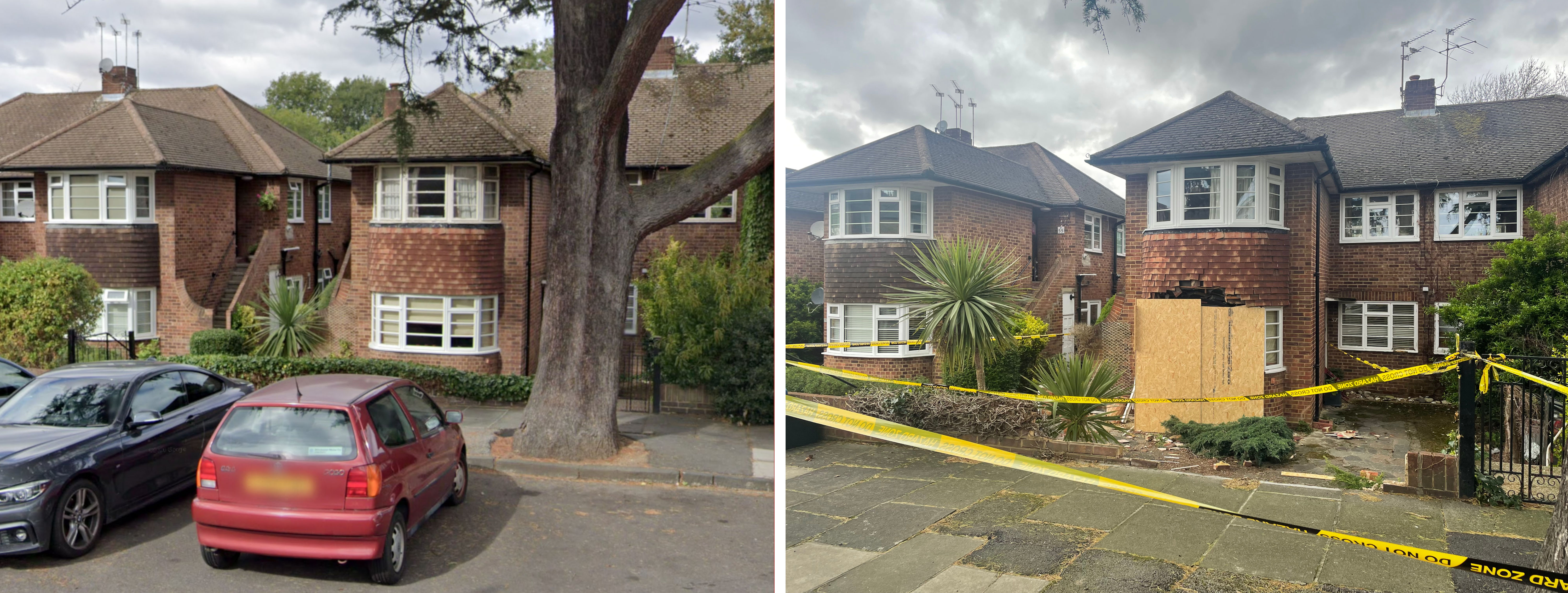 The flat at the end of Belmont Road, Twickenham before and after a car collided with the front window (Photo: Google Maps/SWNS)
