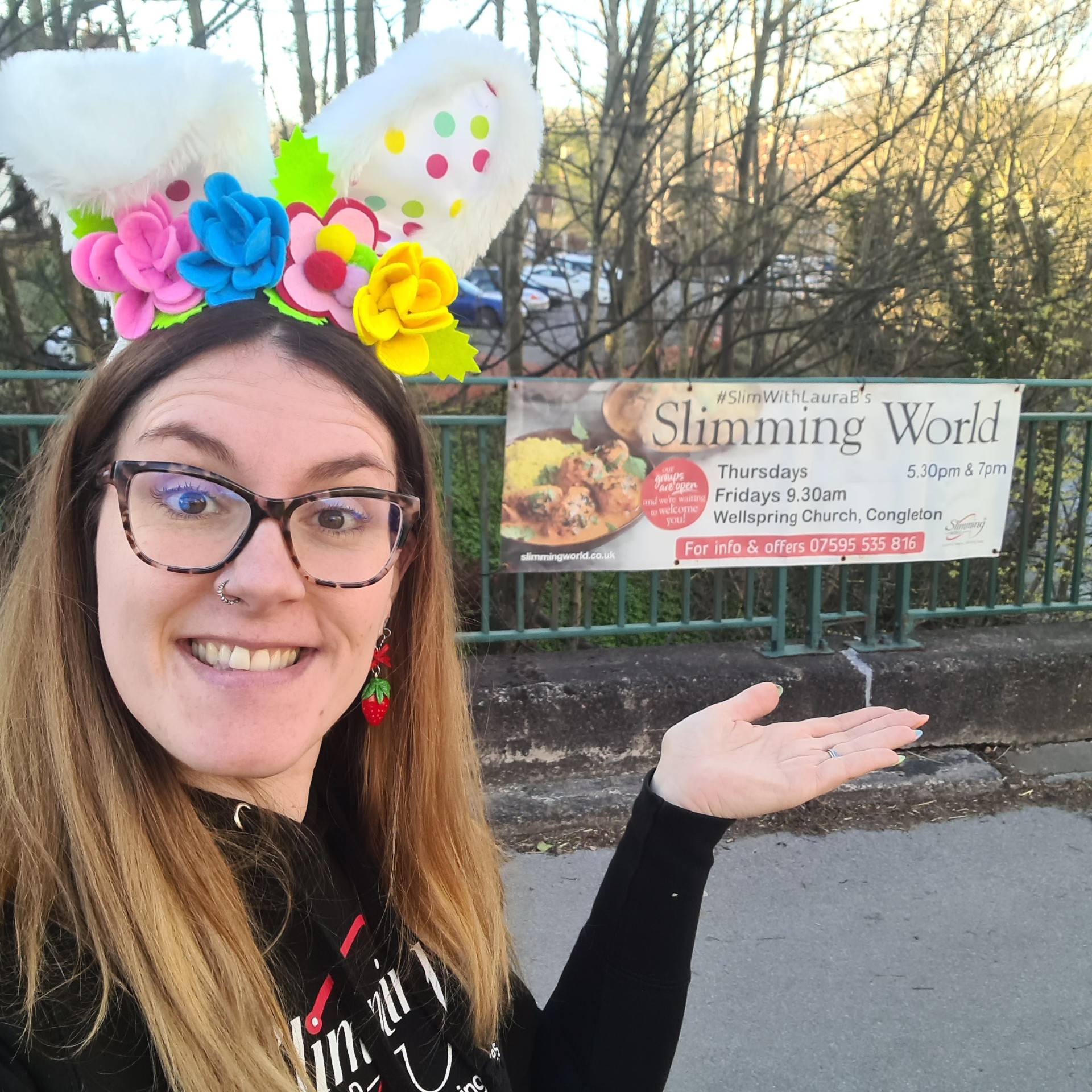 Laur​a this Easter letting the Congleton Community know about her local community groups. Image credit: Laura.