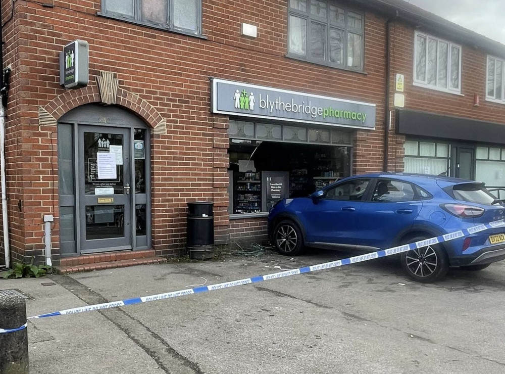 A car collided with Blythe Bridge Pharmacy at around 1.55pm this afternoon (Harrison Manley).