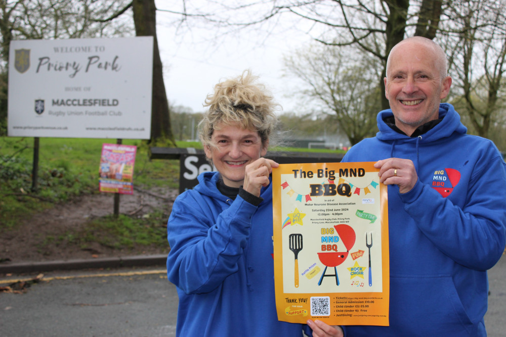 Karen with partner Spence, outside Priory Park, the home of Macclesfield Rugby Club. (Image - Macclesfield Nub News) 