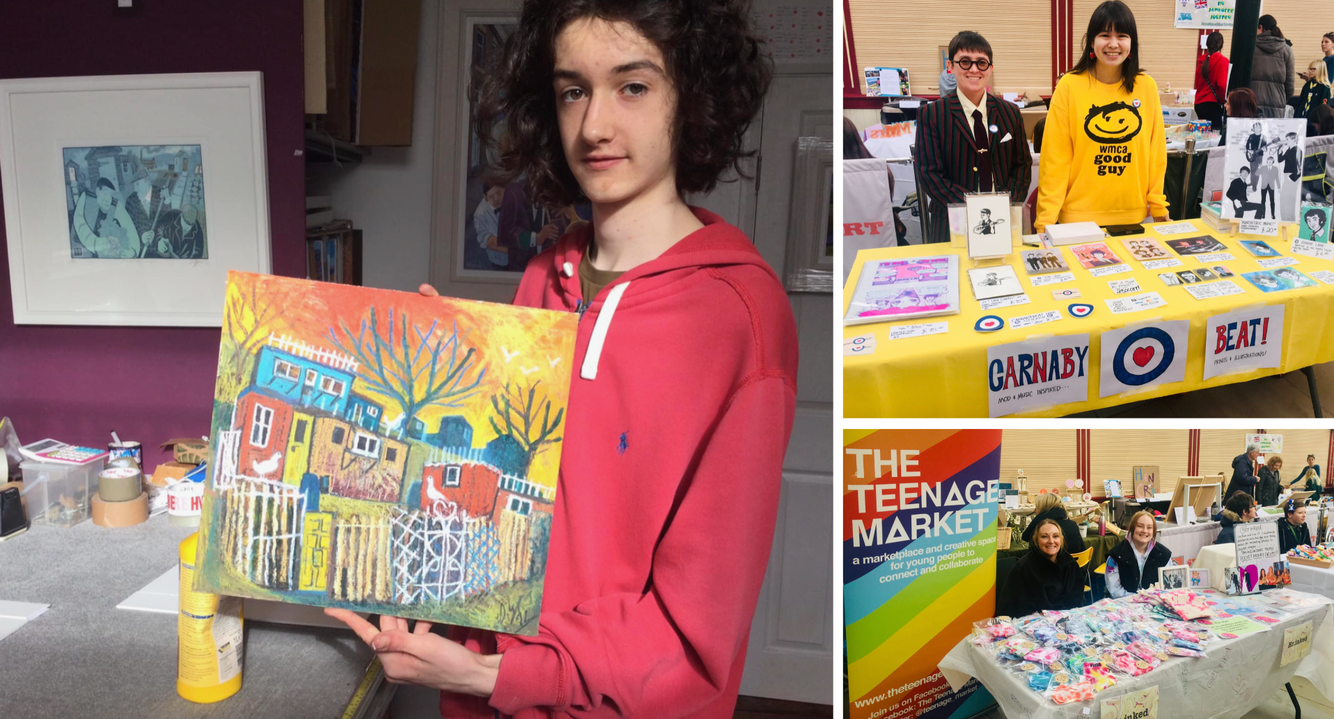 The Teenage Market features talented young traders and makers rom across the borough - centre left: Drew Cyprus / top right: Tamsyn Kushner, Carnaby Beat / bottom right: Erin Bailey (Images via The Teenage Market)