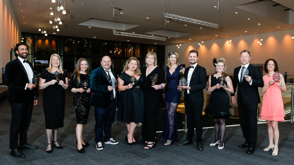 Winners of the Wales Business Awards 2023 with host Andrea Byrne