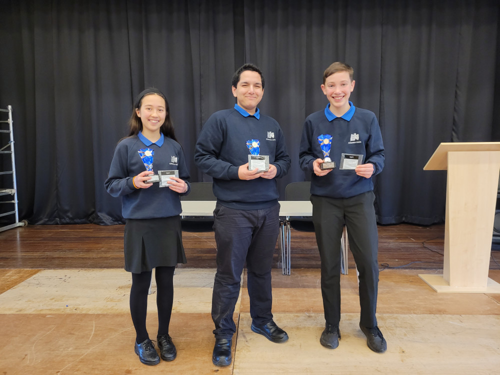 Olivia, Ayaan and Oli winning the Intermediate District Final Youth Speaks at Campion School (image supplied)