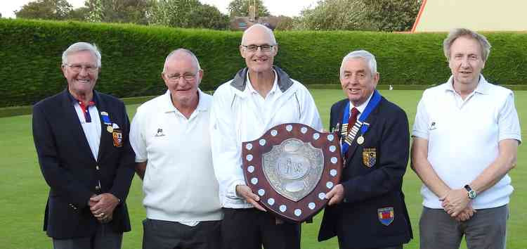 Charlie Underwood (Chairman, Stamford and District Bowls League), Graham Jackson, Neil Crees, Kevin Vinter (President, S&DBL) and Roger Clarke (Captain, Greetham Valley Robins).