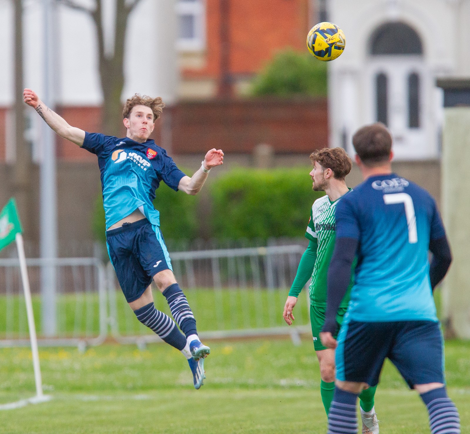 Felixstowe's Seth O'Neill with a header in the second half. Pictures by Stefan Peck.