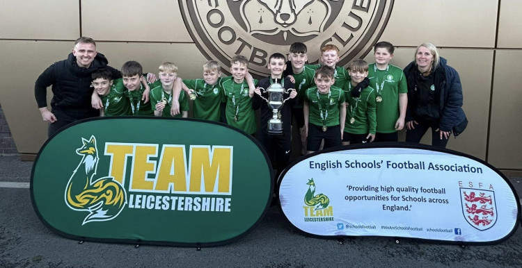 The Castle Rock School's boys' team celebrate their win at Leicester City's Seagrave training ground. Photos: Supplied