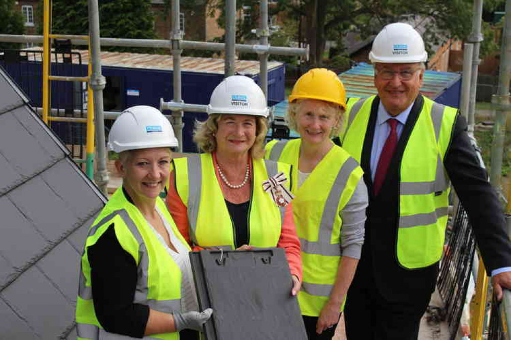 The last roof tile (from left)  Head of Business Development Clegg Construction Rachel Johns,  Lord-Lieutenant of Rutland Dr Sarah Furness, Ardale Chief Operating Officer Lesa McAnulty, Non Executive Group Chairman Clegg Construction Tim Richmond