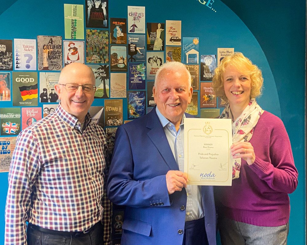 Full of ‘pride’ for NODA award for ‘Pride & Prejudice at the Talisman Theatre. From left: Stephen Duckham, Joint Artistic Director, Writer Andrew Davies with Director Corrina Jacob (image supplied) 