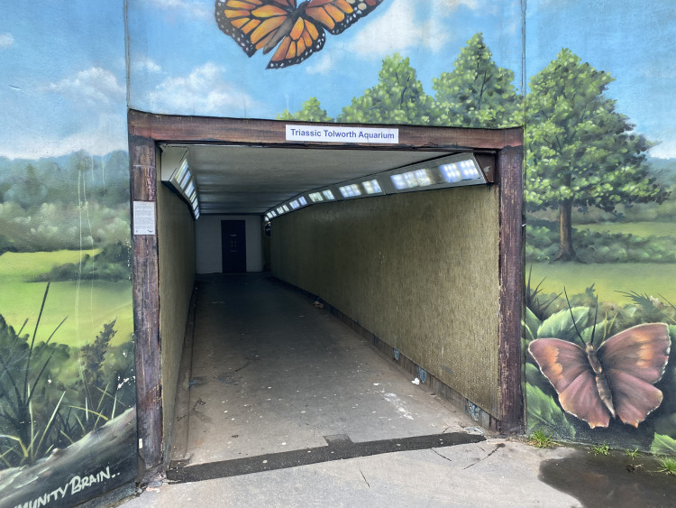 The Triassic Tolworth Aquarium mural has been stripped from the walls of Tolworth Roundabout's underpass (Photo: Robin Hutchinson)