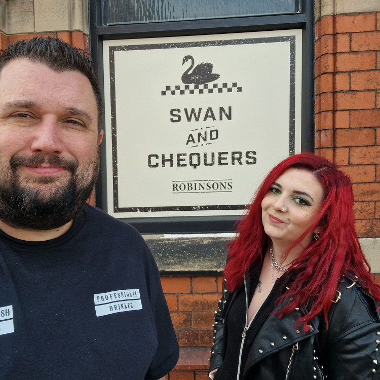 The Great British Pub Crawl couple outside Sandbach's Swan & Chequers. (Photo: The Great British Pub Crawl)