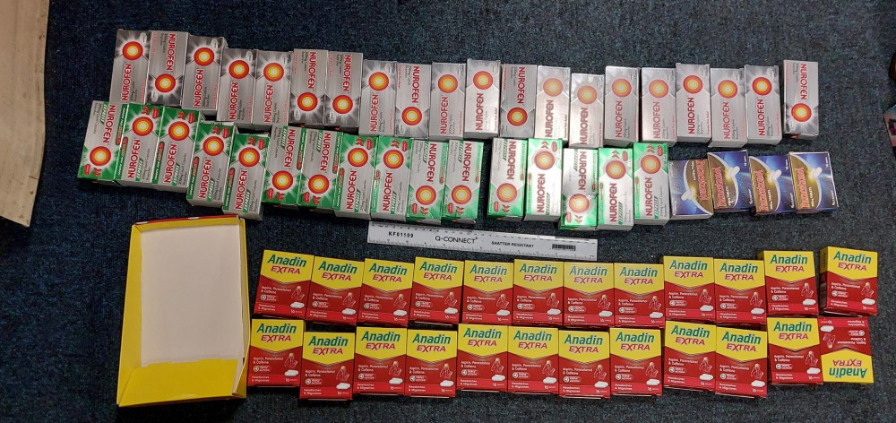 Letchworth: Man in his 40s arrested after large quantities of stolen Nurofen and Anadin were found. CREDIT: Herts Police 