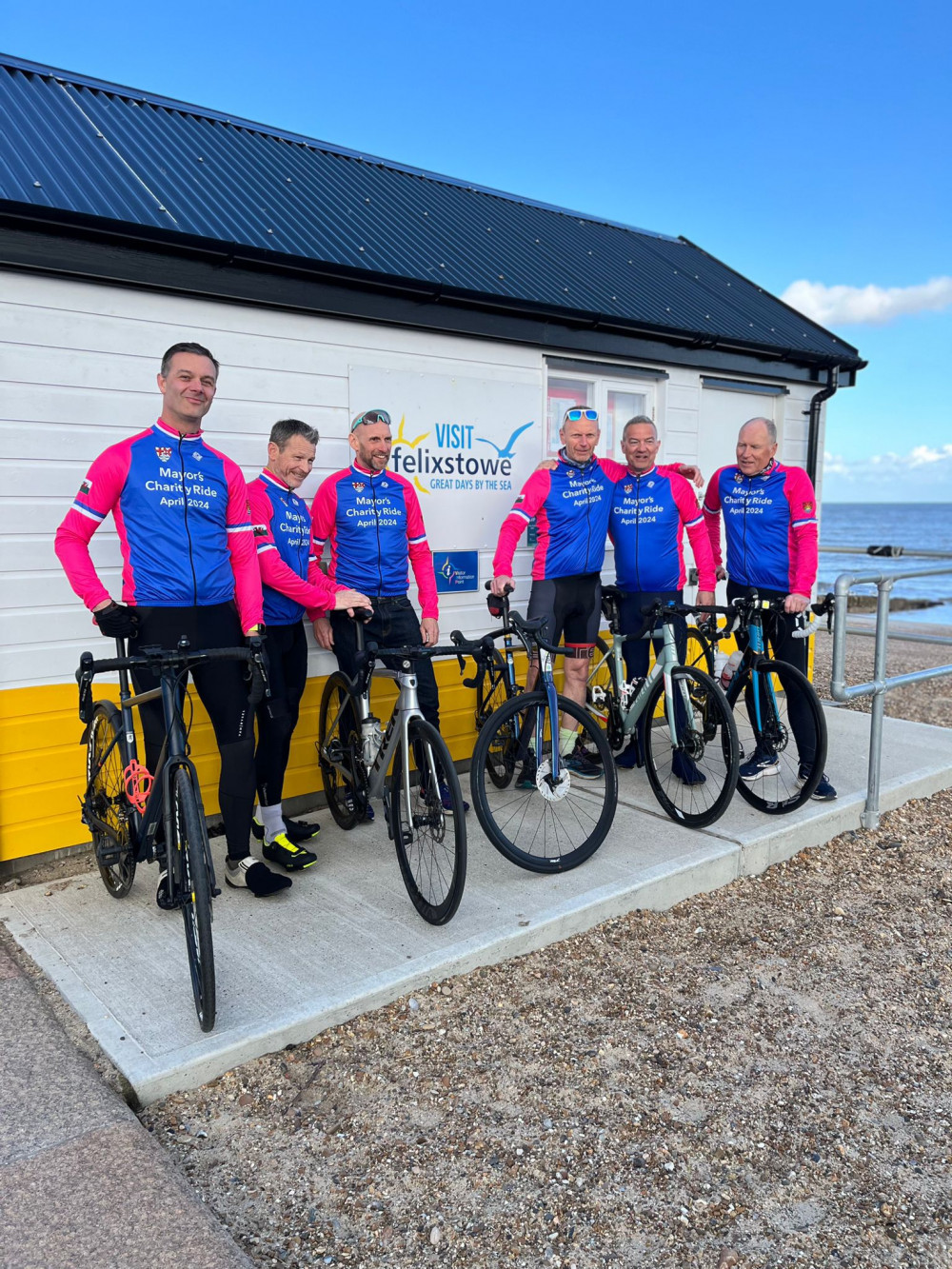 Mayor of Felixstowe, Cllr Seamus Bennett, with his fellow cyclists.  Left to right: Torben Wood, Pete Hurry, Seamus Bennett, Shane Connolly and Adrian Hine