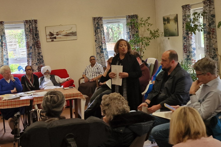 Ealing councillors speak to Walnut Court residents in public meeting about the closure of Ealing Careline on 24 April (credit: Ealing Reclaim Social Care Action Group).